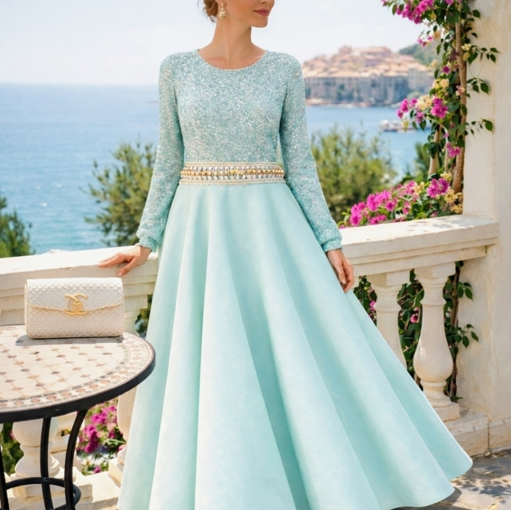Manish Arora Elegant Mint Green (Seafoam) Women's Maxi Skirt With Beads & Pearls